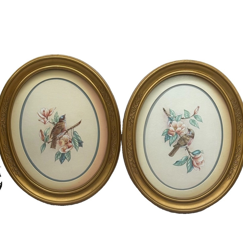 Pair 9x11 Birds Prints Matted Gold Oval Frames Homco Home Interiors Cottagecore